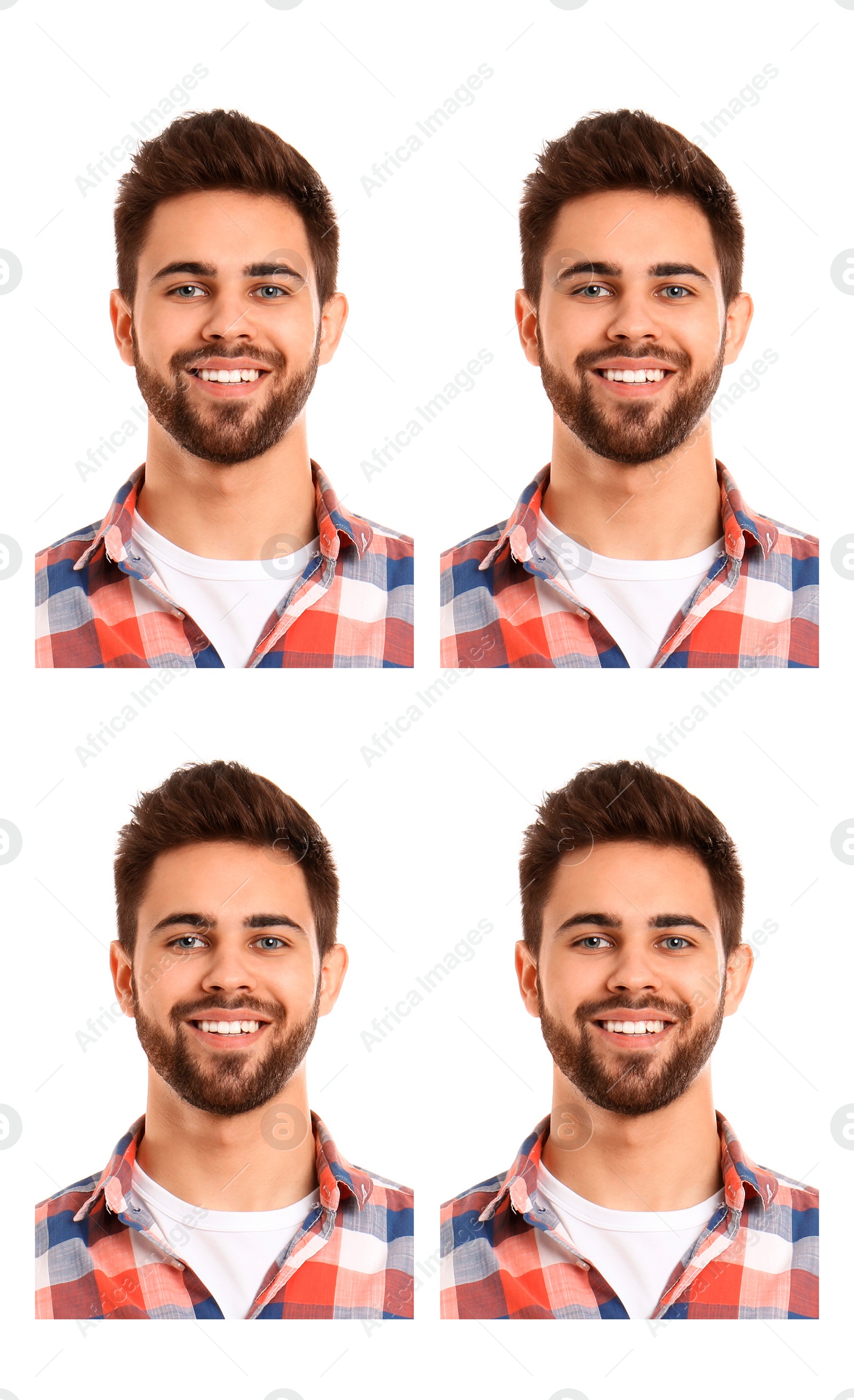 Image of Passport photo, collage. Man on white background, set of photos