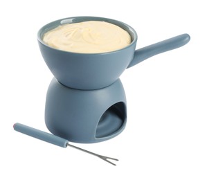 Fondue with tasty melted cheese and fork isolated on white