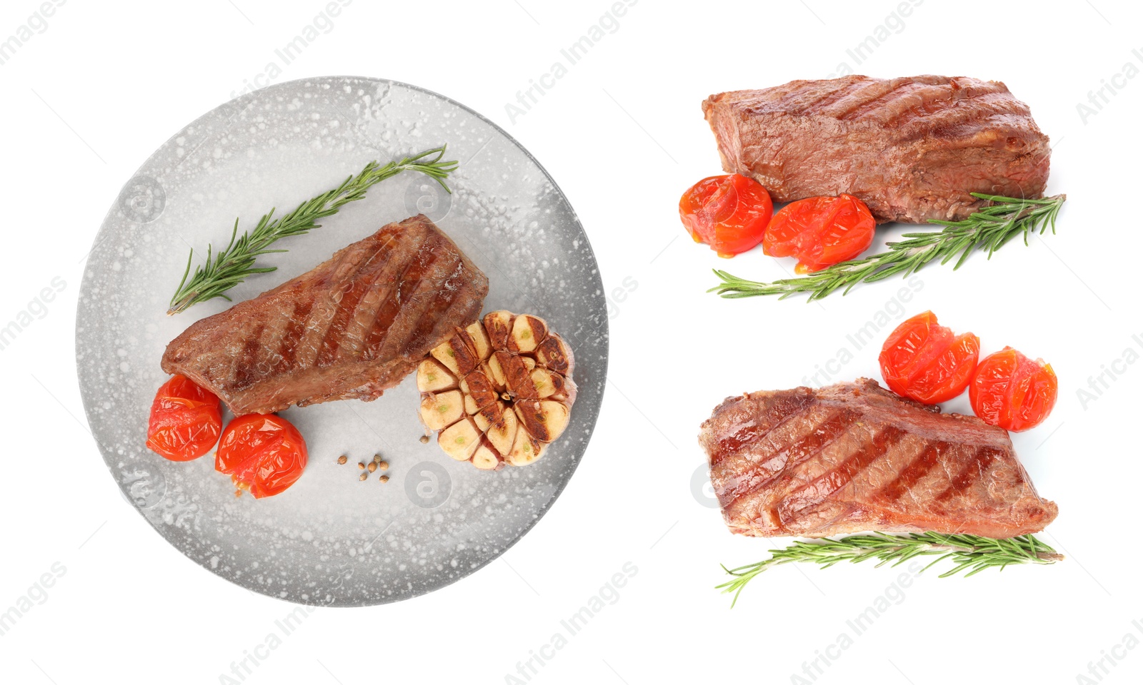 Image of Delicious grilled beef steaks, tomato and rosemary isolated on white, set