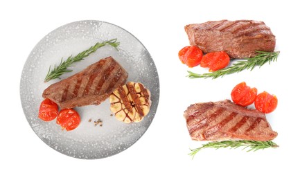 Image of Delicious grilled beef steaks, tomato and rosemary isolated on white, set