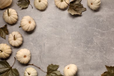 Flat lay composition with ripe white pumpkins on light grey table. Space for text