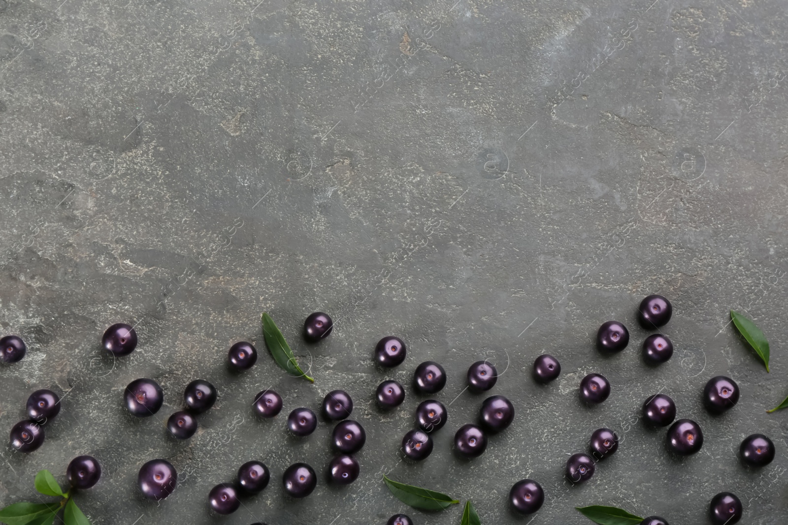 Photo of Fresh acai berries and green leaves on grey table, flat lay. Space for text