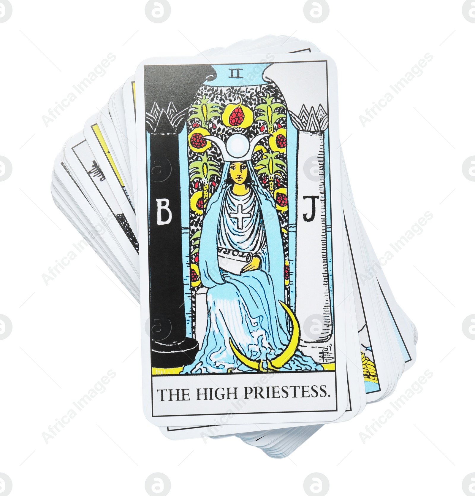 Photo of The High Priestess and other tarot cards on white background, top view