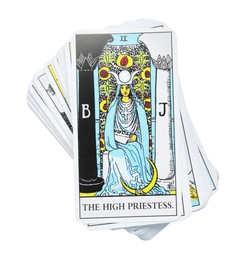 Photo of The High Priestess and other tarot cards on white background, top view