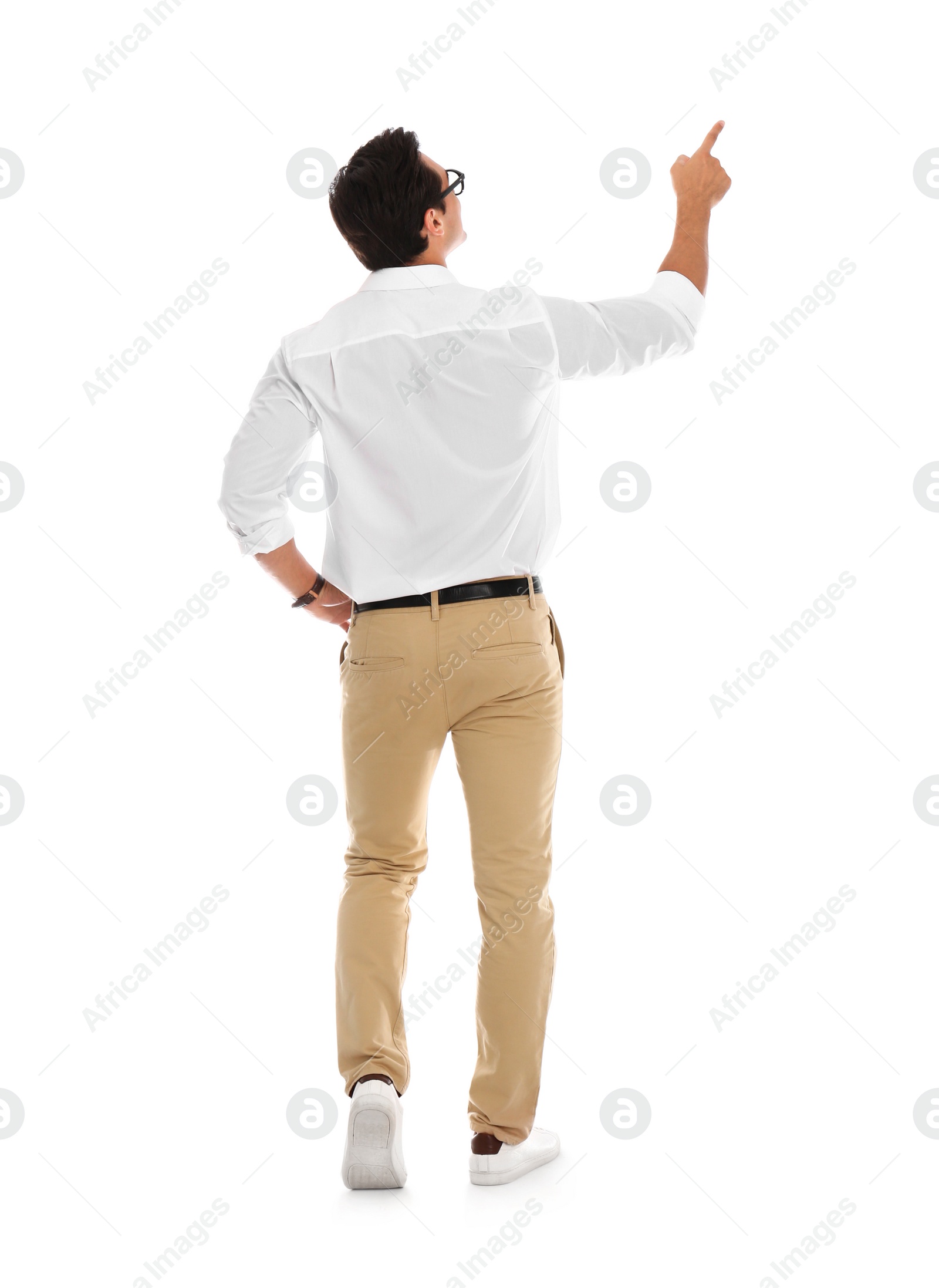 Photo of Professional business trainer pointing on something, white background