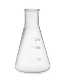 Empty conical flask isolated on white. Laboratory glassware