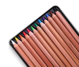 Photo of Colorful pastel pencils in box isolated on white, top view. Drawing supplies
