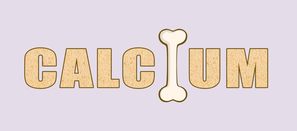 Word CALCIUM made of letters and bone on light grey background, illustration. Banner design