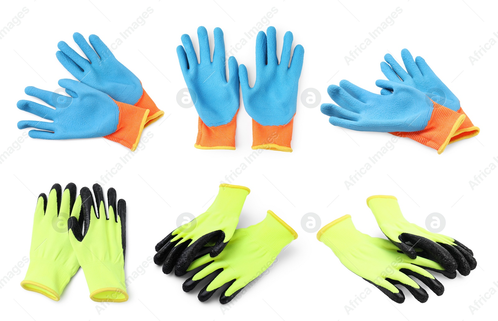 Image of Different gardening gloves isolated on white, set