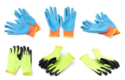 Image of Different gardening gloves isolated on white, set