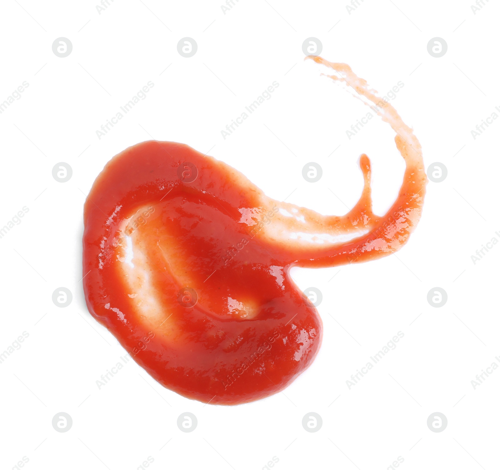 Photo of Tasty ketchup isolated on white, top view. Tomato sauce