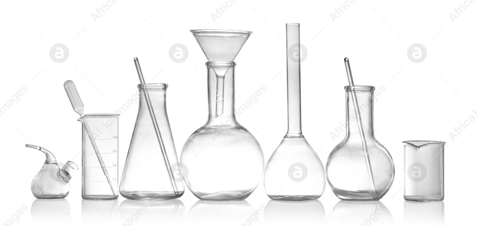 Photo of Laboratory glassware isolated on white. Chemical analysis