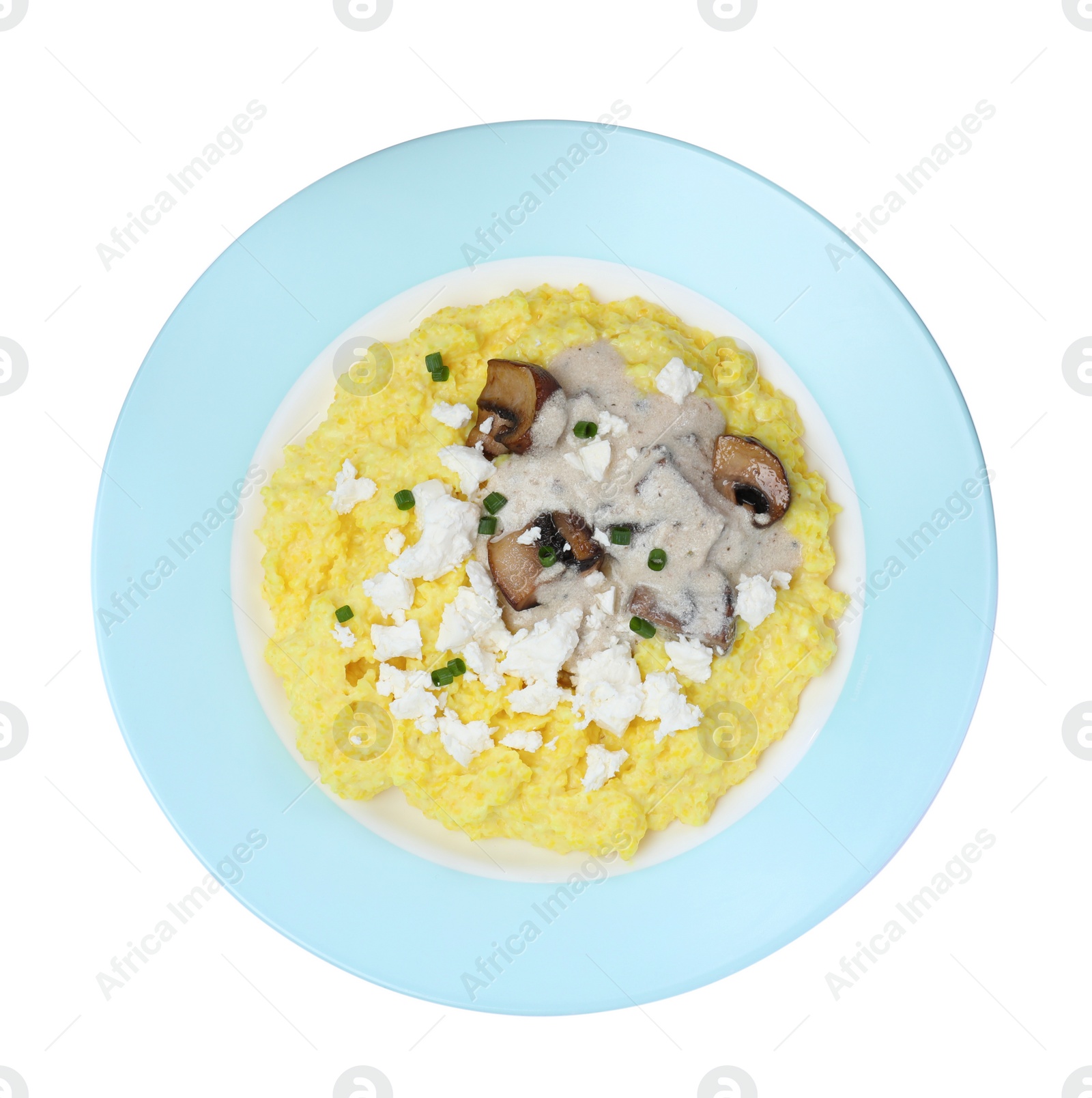 Photo of Tasty banosh with brynza and mushrooms isolated on white, top view. Traditional Ukrainian dish