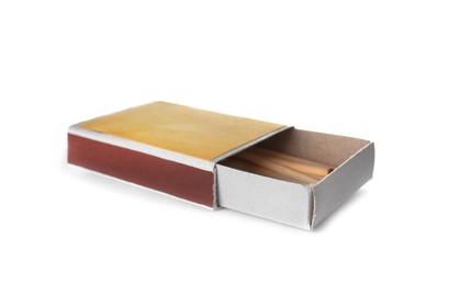 Cardboard box with matches on white background