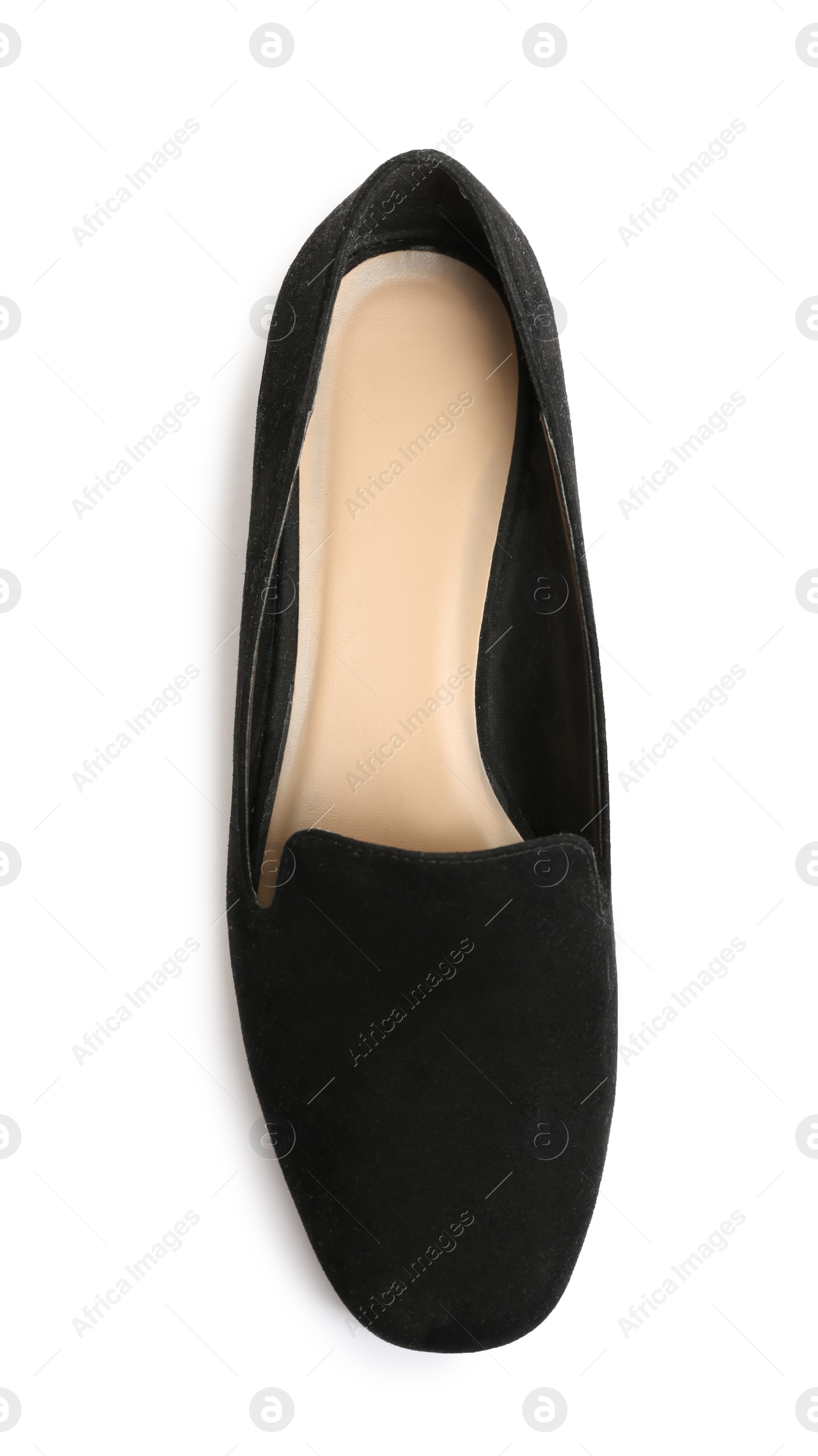 Photo of Stylish female shoes on white background, top view
