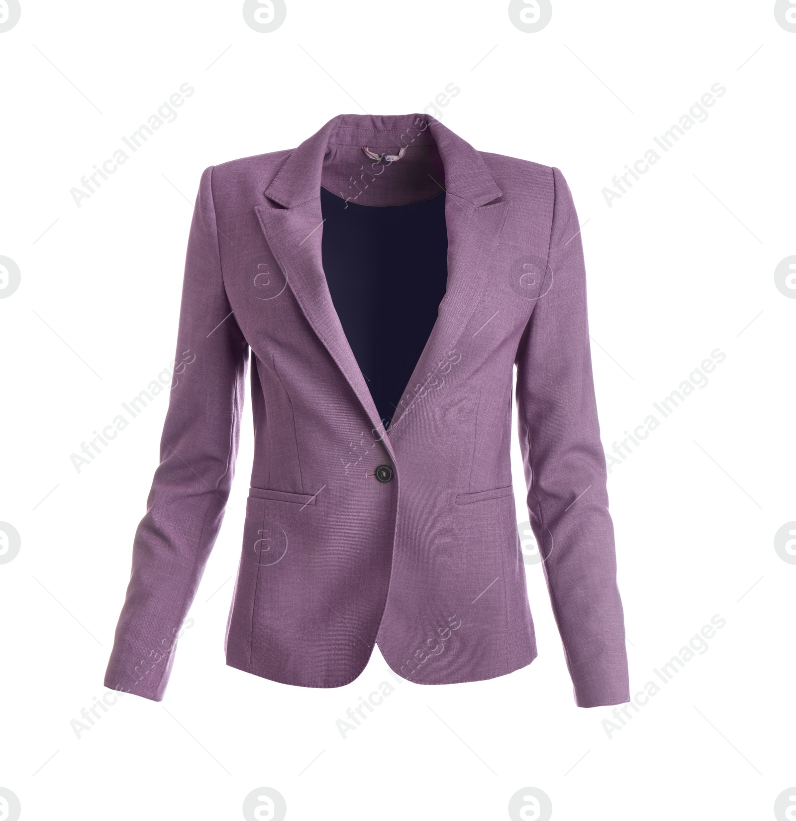 Photo of Elegant purple jacket on mannequin against white background. Women's clothes