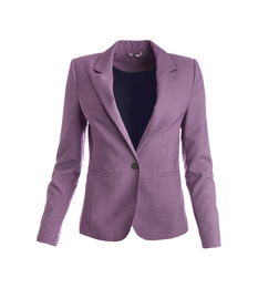 Photo of Elegant purple jacket on mannequin against white background. Women's clothes