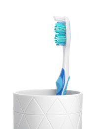 One plastic toothbrush in holder isolated on white