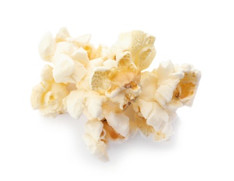 Delicious salty popcorn on white background