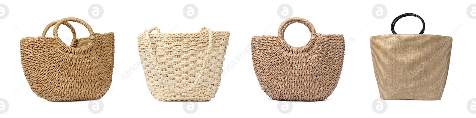 Image of Set with different stylish beach bags on white background. Banner design