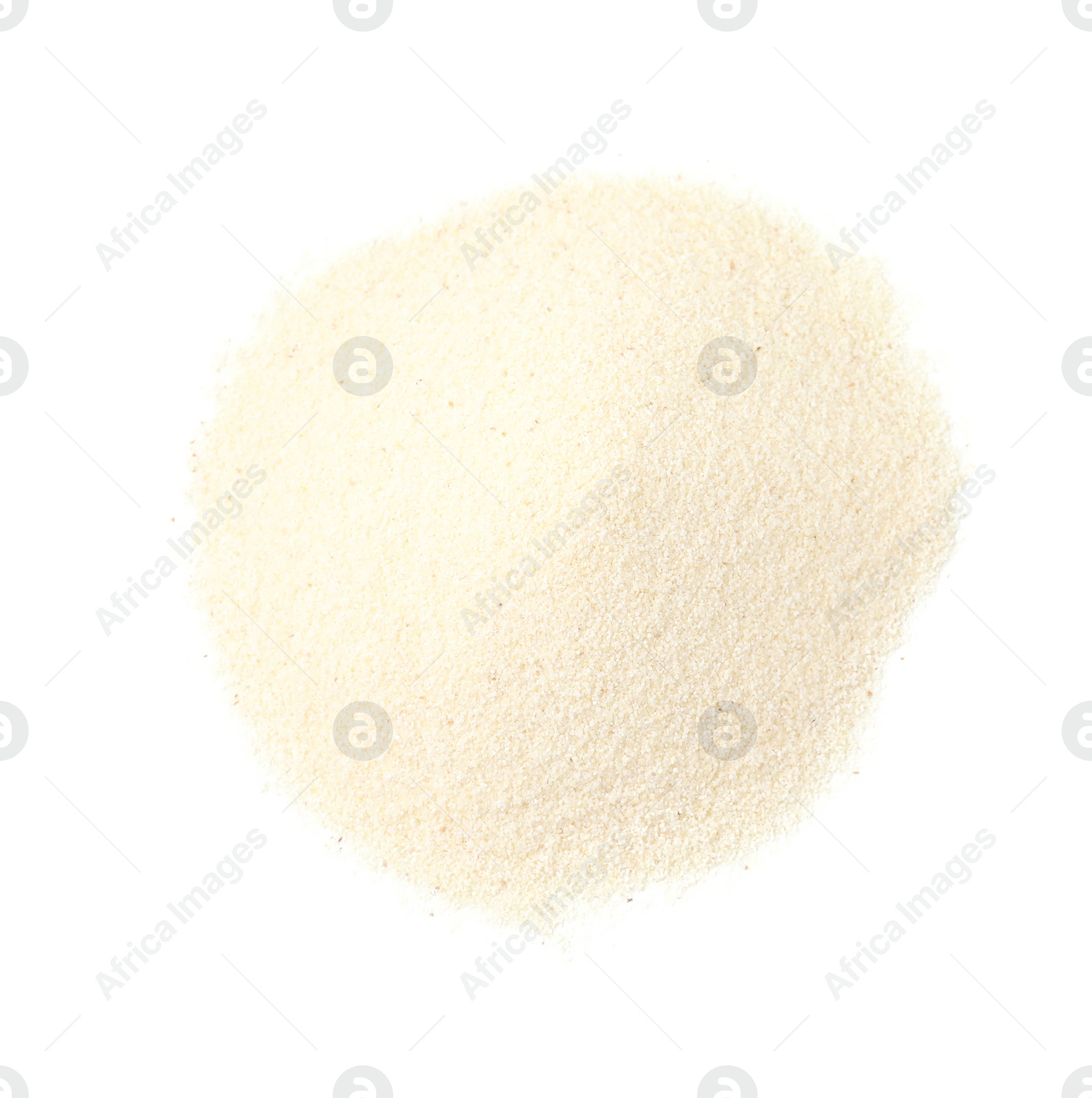 Photo of Pile of uncooked organic semolina isolated on white, top view