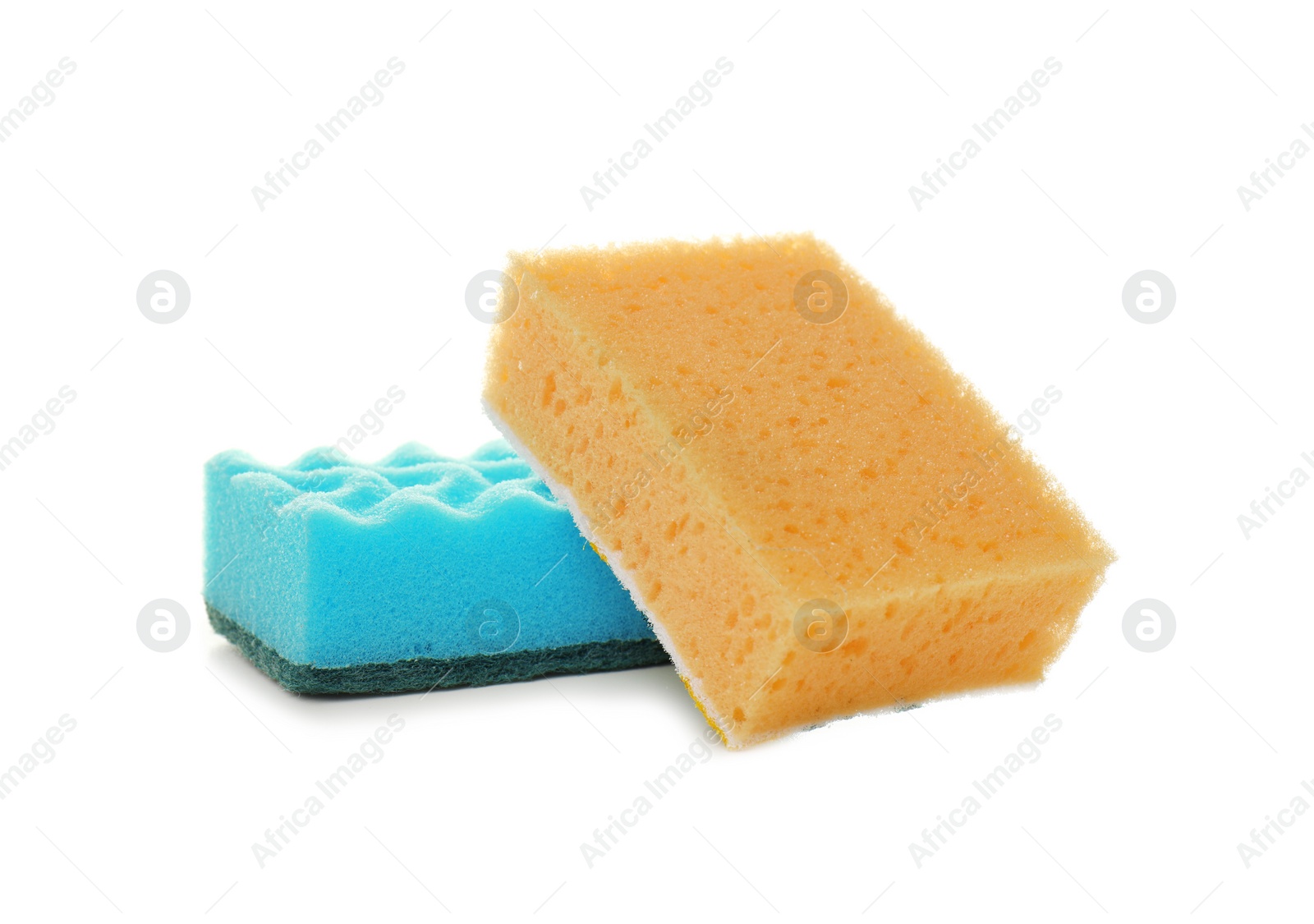 Photo of New sponges on white background. Cleaning supplies