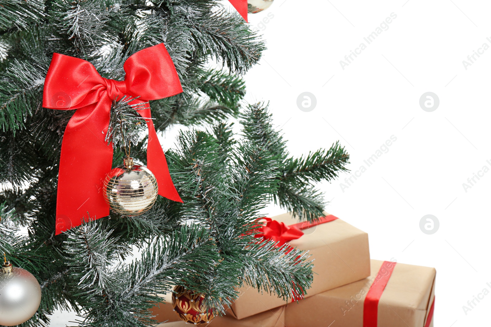 Photo of Beautiful Christmas tree with decor on white background, closeup. Celebration time