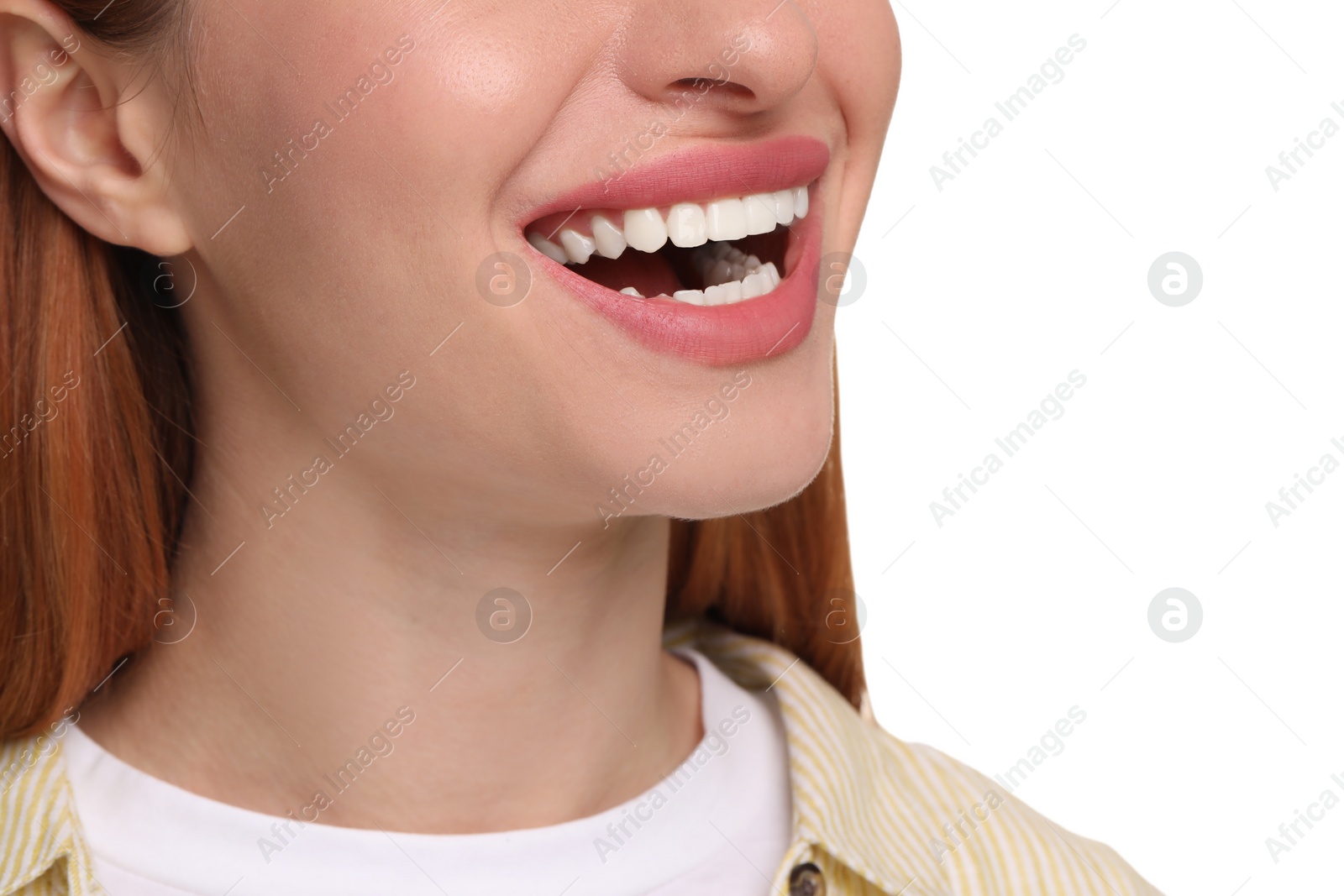 Photo of Woman with clean teeth smiling on white background, closeup