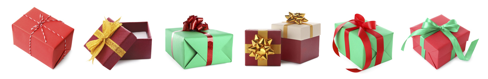 Image of Set of Christmas gift boxes on white background. Banner design