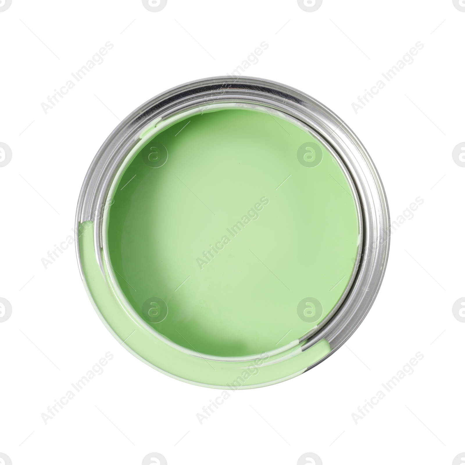 Photo of Can of light green paint isolated on white, top view