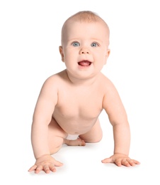 Photo of Cute little baby crawling on white background