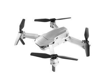 Modern drone with camera isolated on white