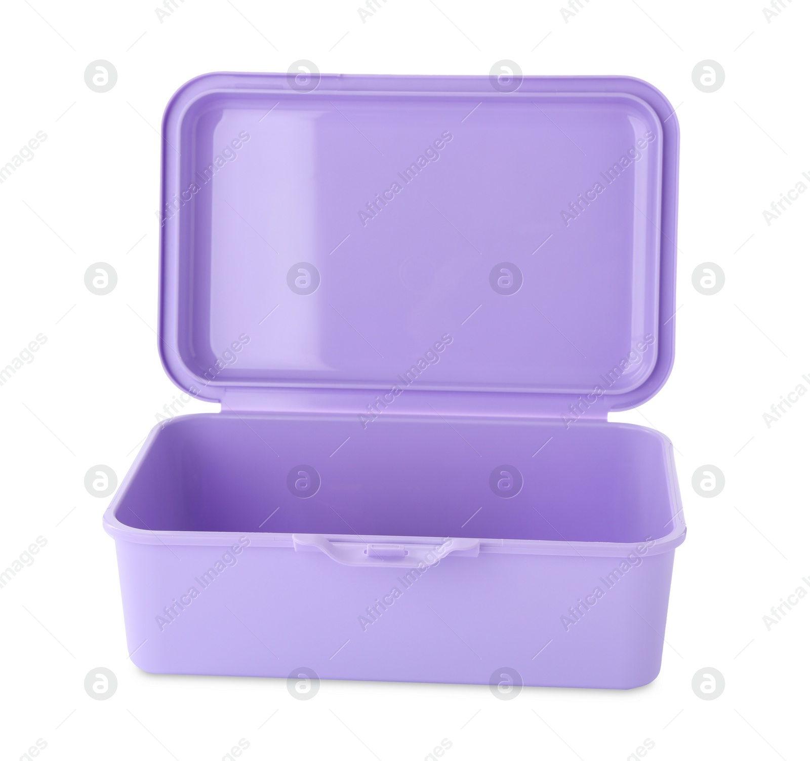 Photo of Violet lunch box isolated on white. School food