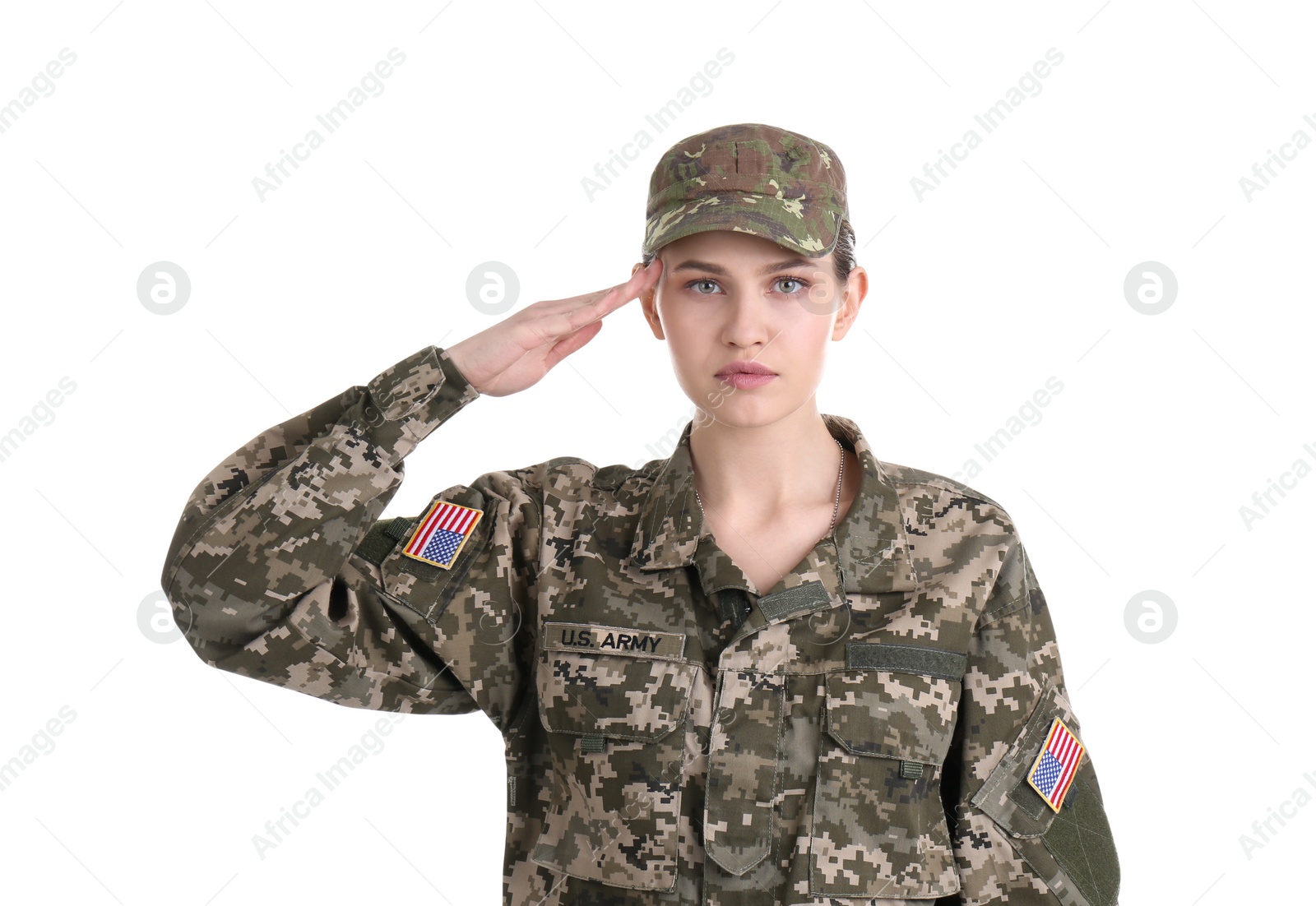 Photo of Female soldier on white background. Military service