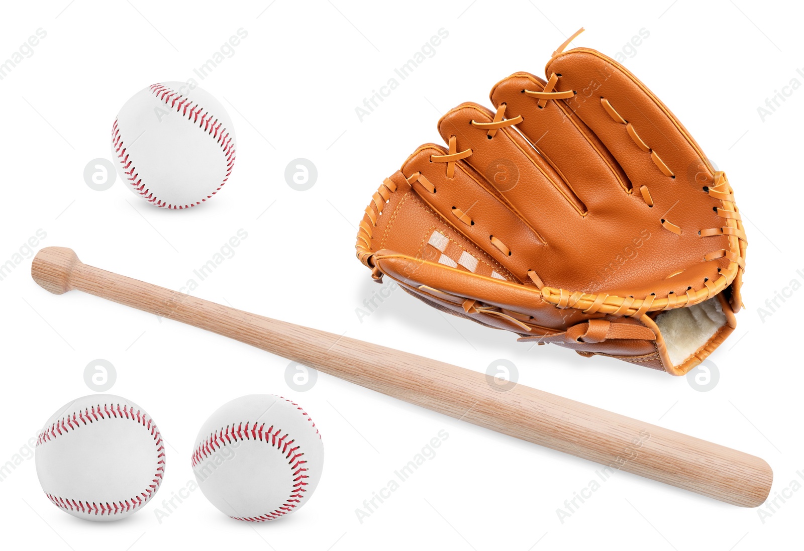 Image of Wooden baseball bat, balls and pitcher isolated on white