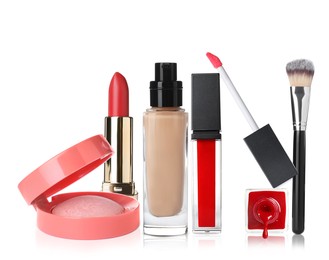 Set with different decorative cosmetics on white background