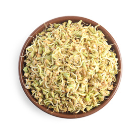 Photo of Bowl of sprouted green buckwheat isolated on white, top view