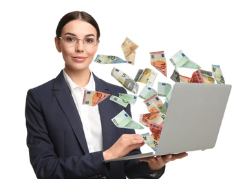Image of Businesswoman with modern laptop and flying euro banknotes on white background. People make money online