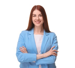 Photo of Portrait of smiling businesswoman with crossed arms on white background