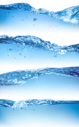 Image of Collage with different beautiful water waves on white background