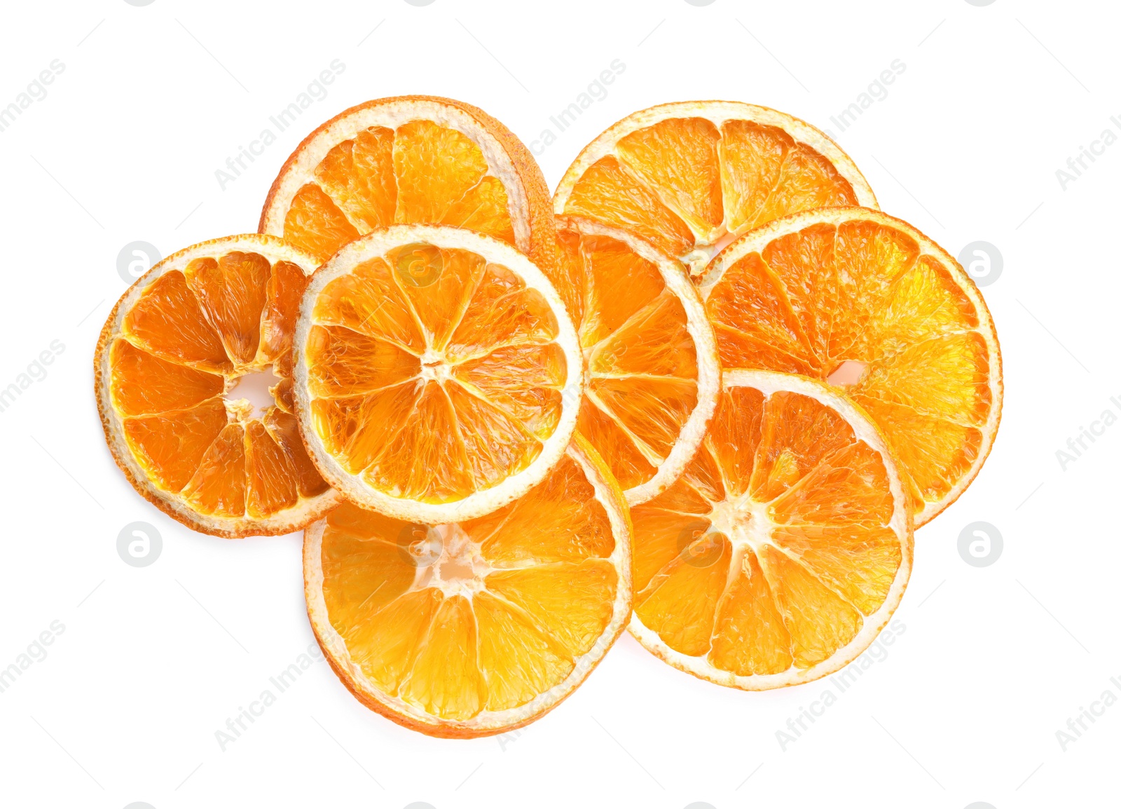 Delicious dry orange slices on white background, top view Photo of Delicious dry orange slices on white background, top view