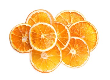 Photo of Delicious dry orange slices on white background, top view