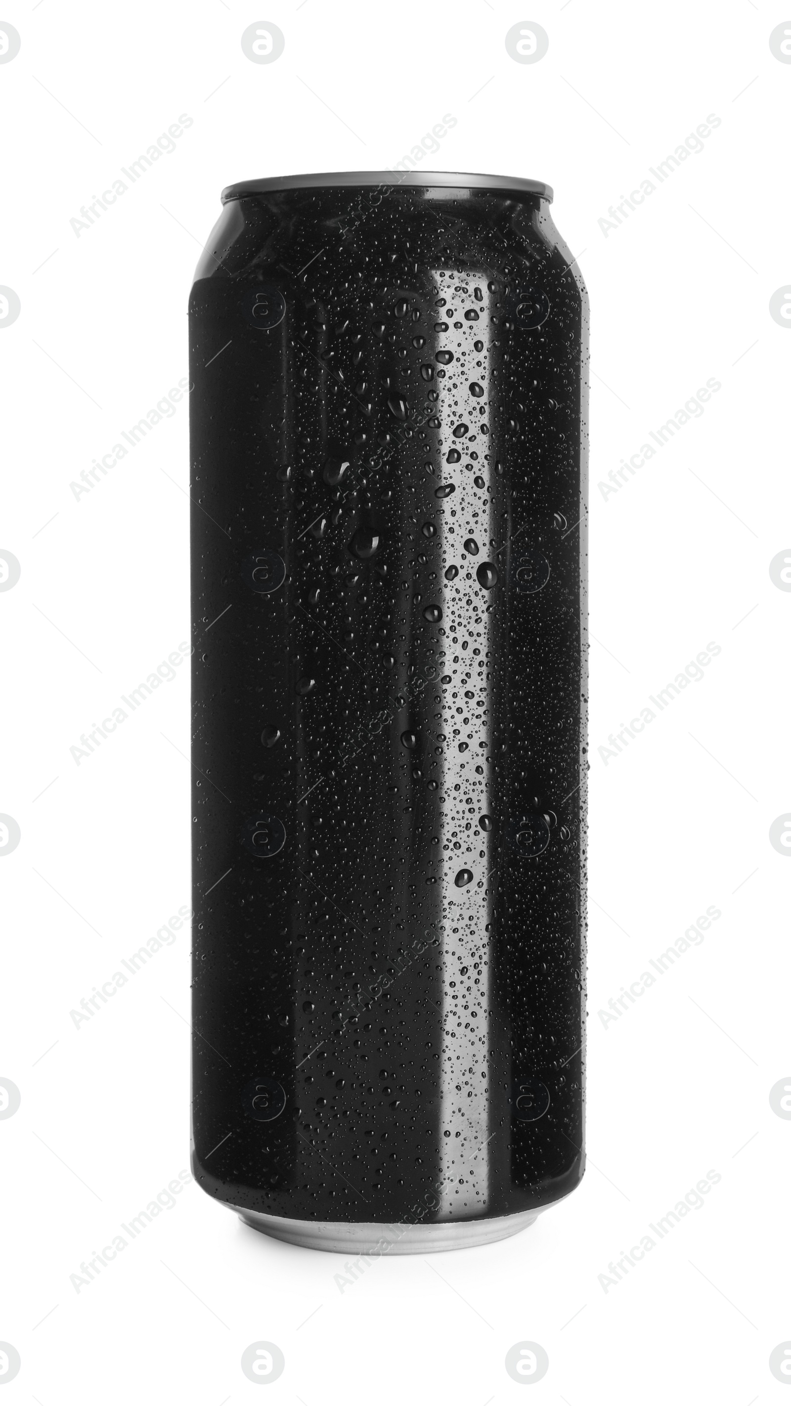Photo of Black aluminum can with water drops isolated on white. Mockup for design