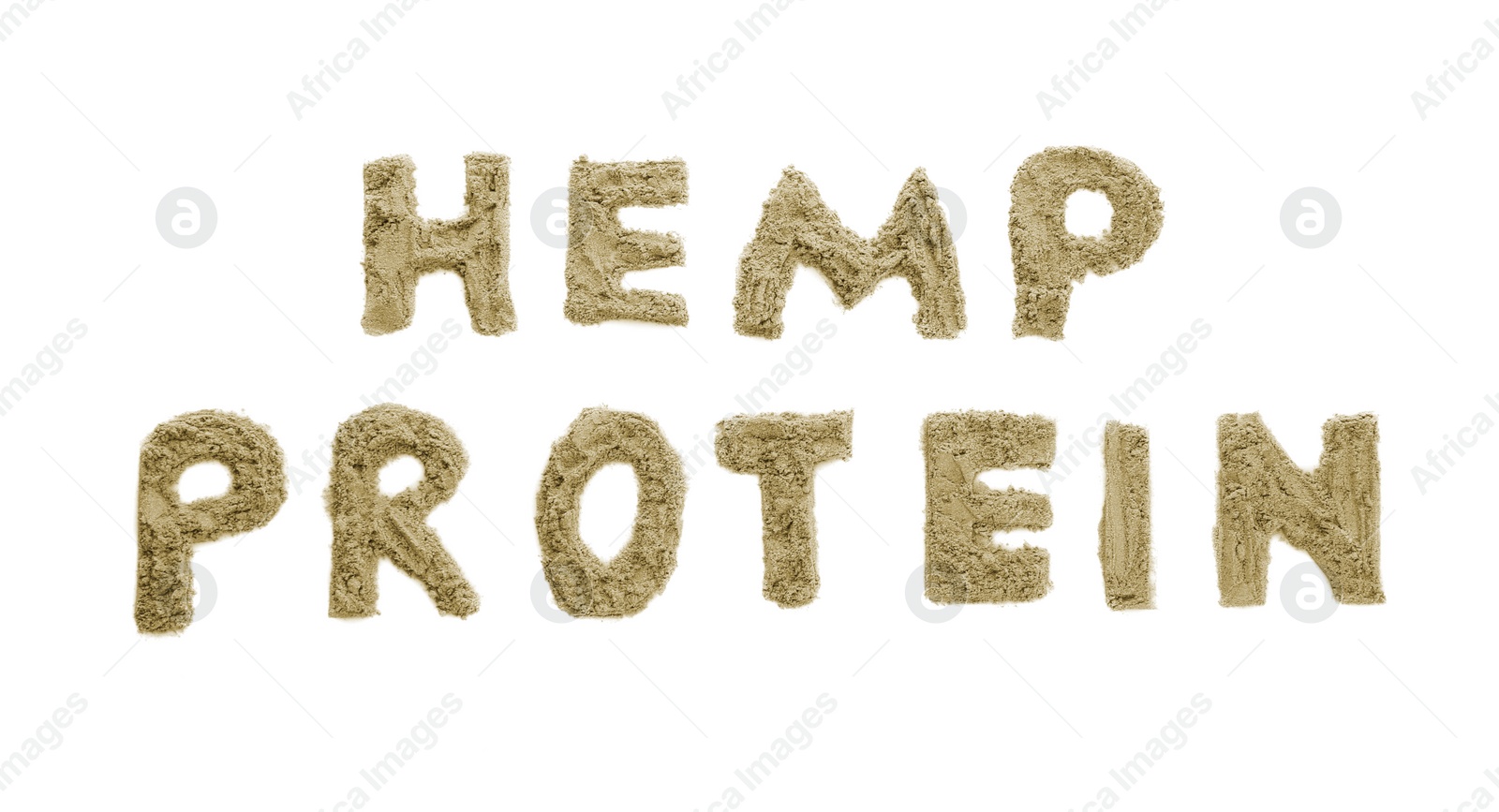 Photo of Words "HEMP PROTEIN" written with powder on white background, top view
