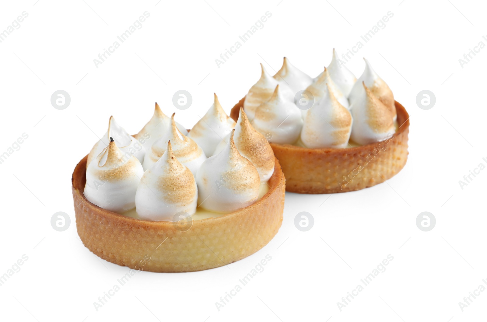 Photo of Tartlets with lemon curd and meringue isolated on white. Delicious dessert