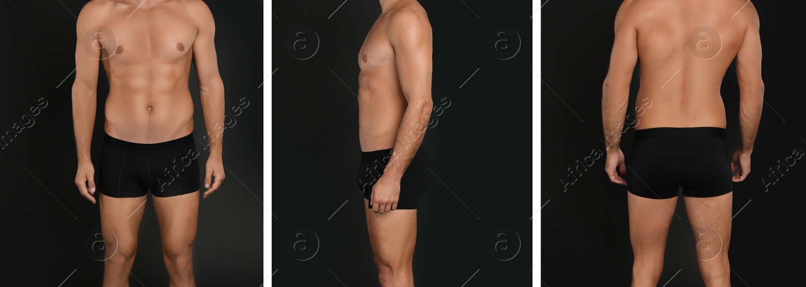 Image of Collage with photos of man wearing underwear on black background, closeup. Banner design