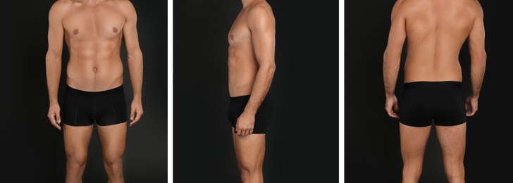 Collage with photos of man wearing underwear on black background, closeup. Banner design