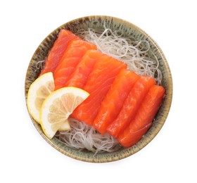 Photo of Delicious salmon sashimi served with funchosa and lemon isolated on white, top view