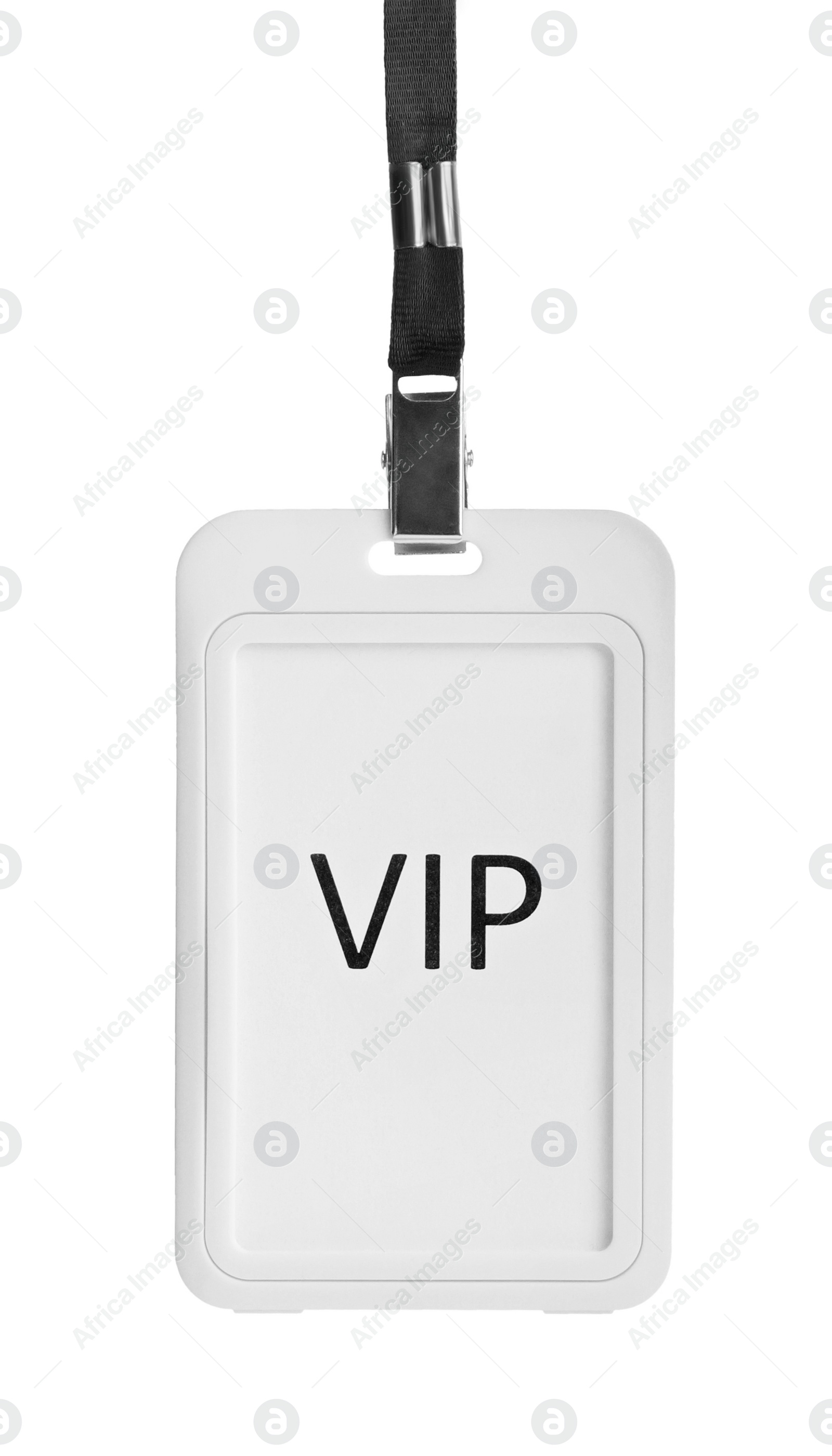Photo of Plastic VIP badge with black ribbon hanging on white background