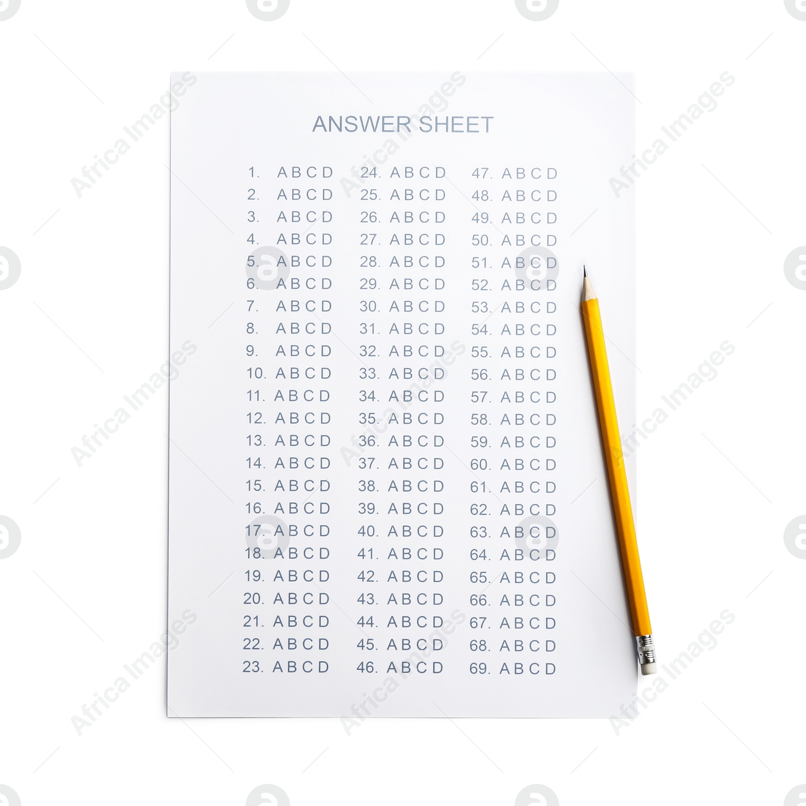 Photo of Answer sheet with pencil on white background, top view